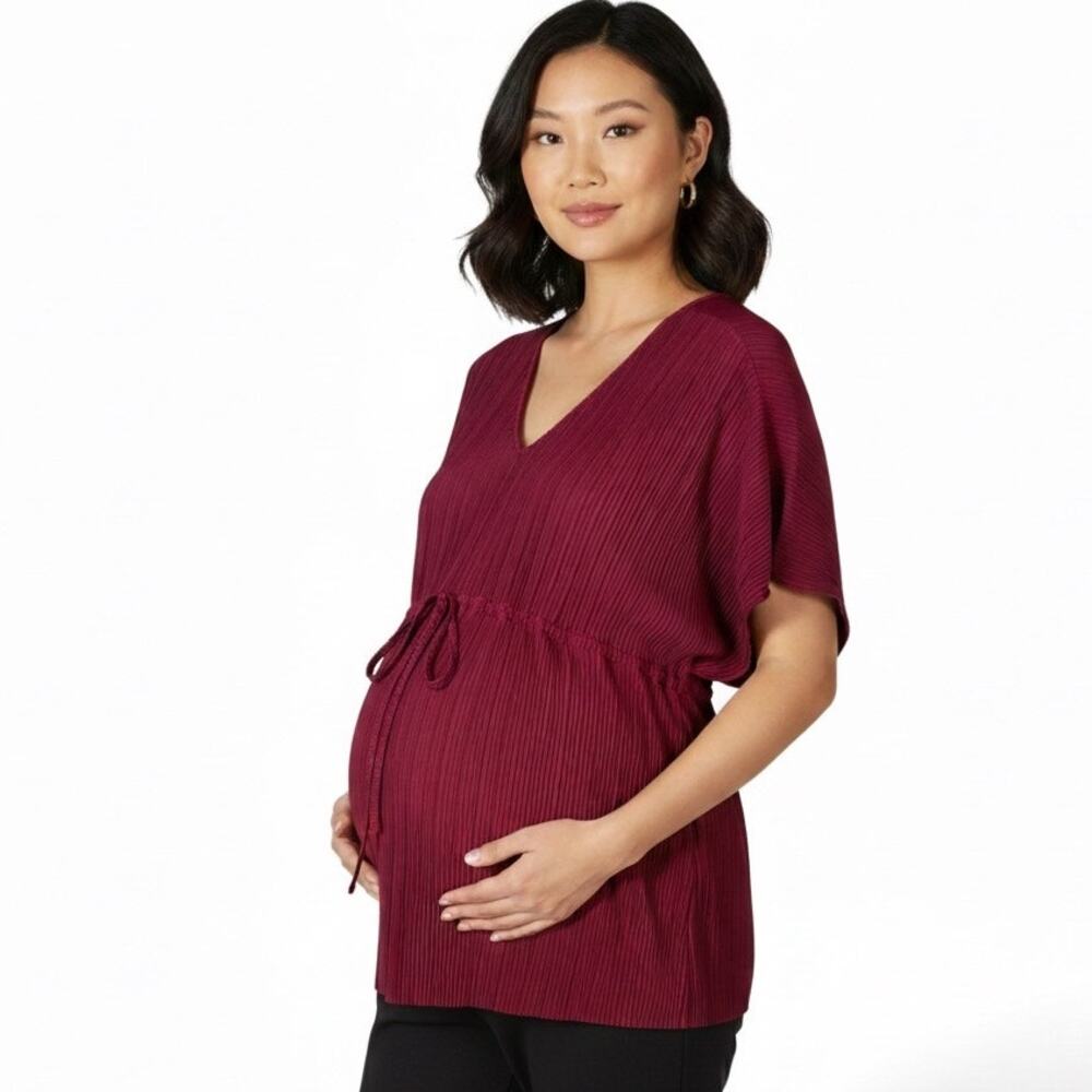 Ingrid + Isabel Plissé Tunic Maternity Top XL Burgundy Maroon Dolman Sleeve